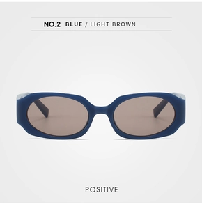 Front view of oval sunglasses with deep blue frames and light brown lenses