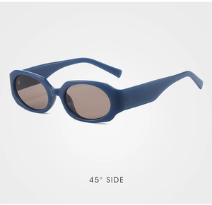 Close-up of retro oval sunglasses with blue frame and dark brown lenses at a 45-degree angle