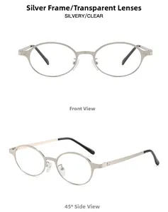 Detailansicht der silbernen ovalen Metallbrille aus der Vorder- und Seitenansicht
