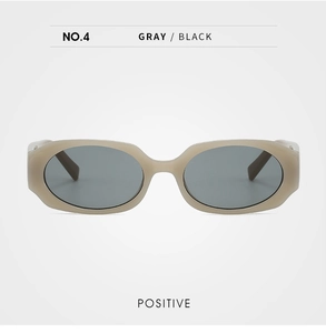 Front view of retro oval sunglasses featuring beige frames and dark grey lenses
