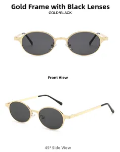 Detaillierte Vorder- und Seitenansicht der Vintage-Oval-Gold-Sonnenbrille mit grauen Gläsern
