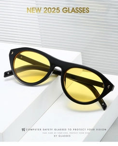 Detail of 2025 trendy cat-eye sunglasses with yellow lenses and gold temple accents