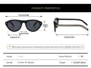 Detailed size chart of cat eye rivet sunglasses with PC frame measurements and weight