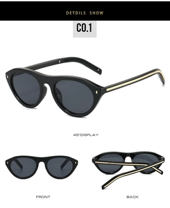 Detailed multi-angle views of black cat-eye sunglasses with gold metal temple accents