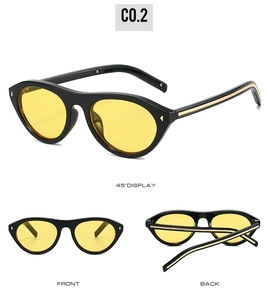 Three-view display of cat-eye rivet sunglasses with black frames and yellow lenses
