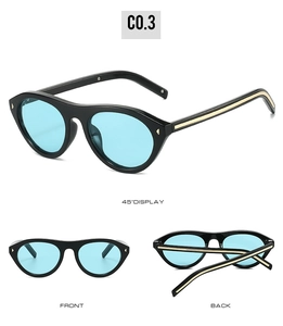 Cat eye sunglasses detail with light blue lenses and golden stud accents in multi-angle view
