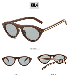 Three views of retro cat-eye sunglasses with gold metal accents and gray lenses