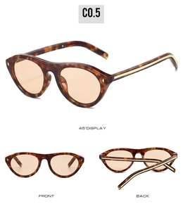 Three-view display of cat-eye rivet sunglasses with tortoise frame and amber lenses
