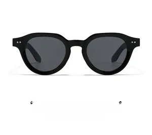 Detail of classic black sunglasses featuring silver rivets and dark grey tinted lenses