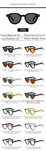 Detailed spec sheet showing 14 colors of round PC sunglasses with dimensions and weight