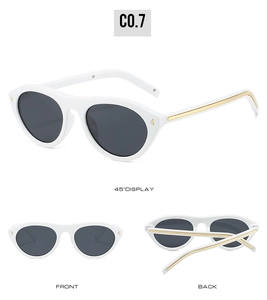 Detailed views showing front and back of white cat-eye sunglasses with gold metal accents