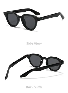 Detail of round black sunglasses showing silver rivets and model number 5791 on the inner temple