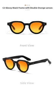 Front and side views of stylish black round sunglasses with orange gradient lenses