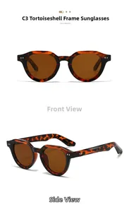 Detail view of round tortoise sunglasses with brown lenses and decorative side rivets