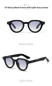 Front and side views of glossy black round sunglasses with grey gradient lenses and rivets