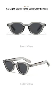 Front and side view of round sunglasses with light gray frames and full gray lenses