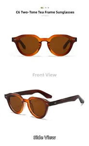 Detail view of round vintage sunglasses in translucent tea frame with metal rivet accents