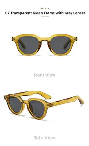 Detail view showing transparent green frames and grey lenses of the C7 round sunglasses