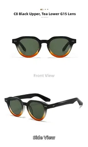 Detailed front and side view of round gradient black and tea sunglasses with PC frame