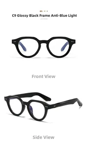 Front and side view of round glossy black PC frame sunglasses with anti-blue light lenses