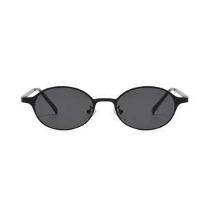 Retro oval black metal frame sunglasses with dark grey UV protective lenses for women