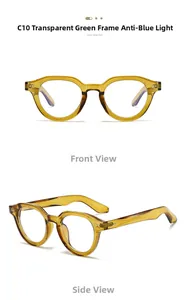 Detail view of transparent green round sunglasses with blue light blocking lenses and rivets