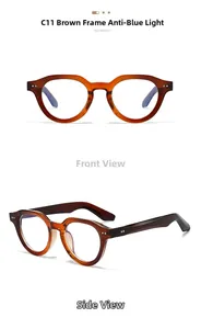 Detailed view of retro round brown sunglasses with rivet accents and blue light lenses