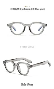 Detail view of model C12 light grey round sunglasses with anti-blue light frame