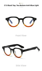 Detail of round gradient sunglasses with anti-blue light lenses and rivet accents
