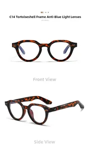 Detail of round tortoiseshell frames with silver studs and anti-blue light lenses