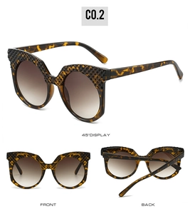 Three-view of tortoiseshell oval sunglasses with diamond-textured frames and brown lenses