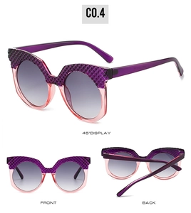 Detailed views of oval hip-hop sunglasses with purple pink frames and diamond texture