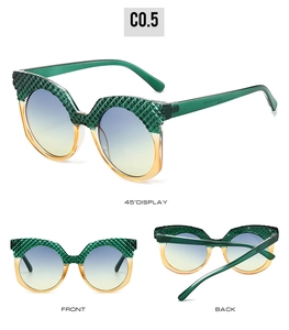 Detailed views of oval oversized sunglasses with green woven texture and gradient lenses