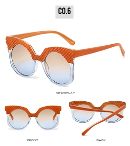 Three-view display of orange oval sunglasses with quilted frames and gradient lenses