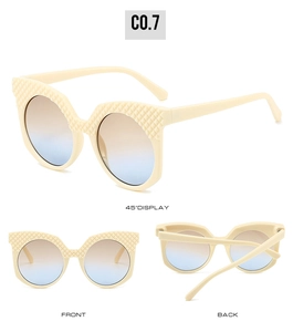 Three-angle view of beige oval sunglasses with a textured woven pattern frame and gradient lenses