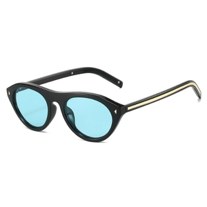 Chic black oval sunglasses with light blue lenses and gold rivet accents on the temples