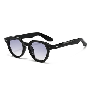 Retro black round sunglasses with gradient lenses and silver rivet details on white background