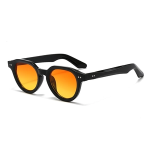 Fashionable round sunglasses with black PC frame and orange lenses featuring silver rivets
