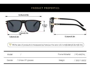 Detailed sizing chart for metal frame sunglasses showing frame width and lens measurements