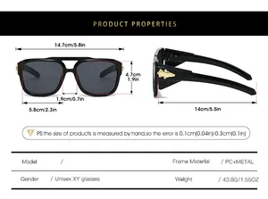 Detailed size specifications for square frame sunglasses with PC metal frame dimensions