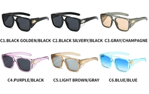 Detailed view of fashion square sunglasses featuring gold bee wing temple decorations