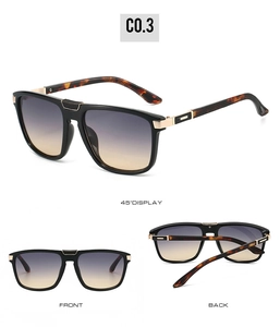 Detail of metal sunglasses with gradient lenses and leopard print temples showing multi-angles