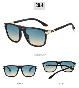 Multi-angle view of lightweight metal sunglasses with blue-yellow gradient lenses