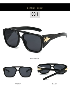 Three-angle views of square black sunglasses with dual bridges and gold metal accents
