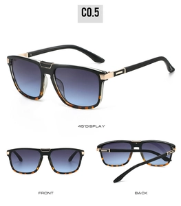 Detail view of square sunglasses with tortoise frames and blue gradient lenses