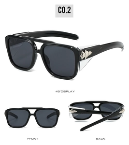 Three-way view of square sunglasses with side shields and metal cross hinge detail