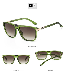 Three-view layout of lightweight metal sunglasses with green frames and gradient lenses