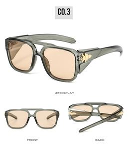 Macro view of retro square sunglasses with transparent gray frame and gold star hinge detail