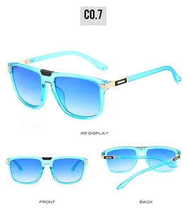 Three-angle view of gradient blue sunglasses with metal accents and transparent frame