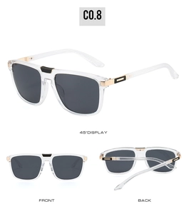 Three-angle views of ultra-light sunglasses with transparent square frames and gold accents